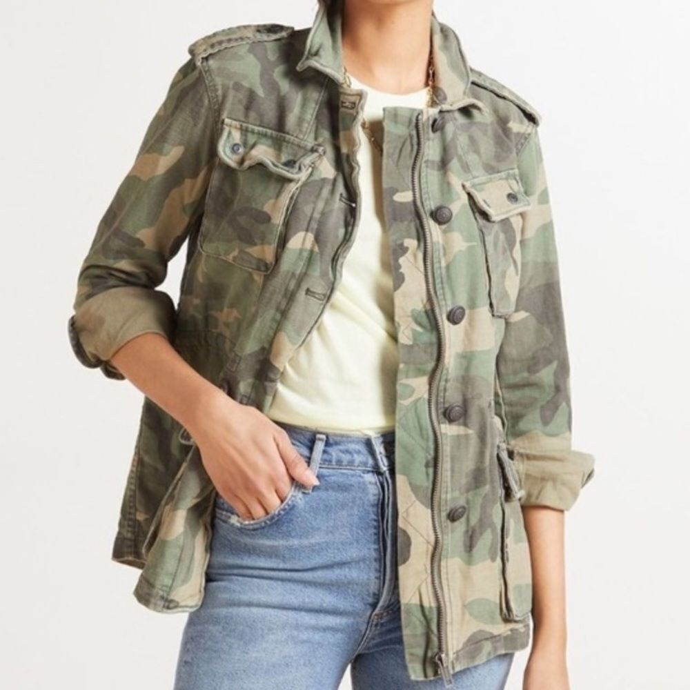 Free People Not Your Brothers Green Camo Drawstring Oversized Military Jacket XS